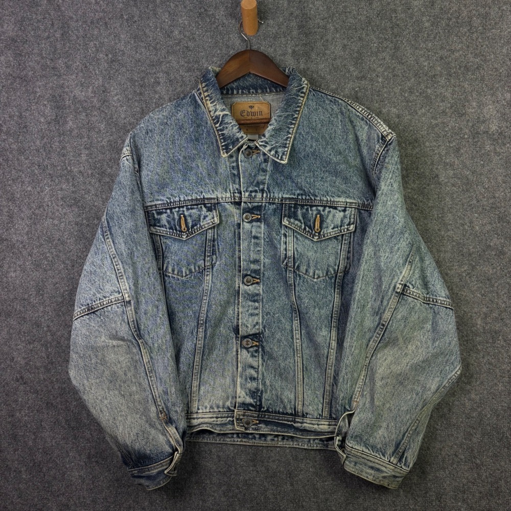 Edwin Denim Jacket Mens XL Blue Acid Wash Clubman Jacket Made in Japan Vintage